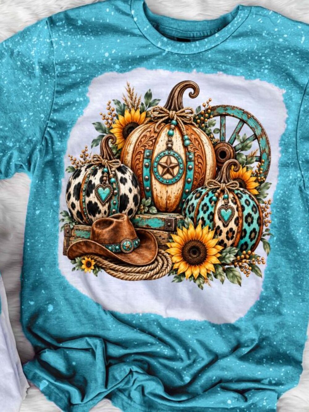 Bleached Western Pumpkin Leopard Print Turquoise Graphic T Shirt Womens Fall Aut